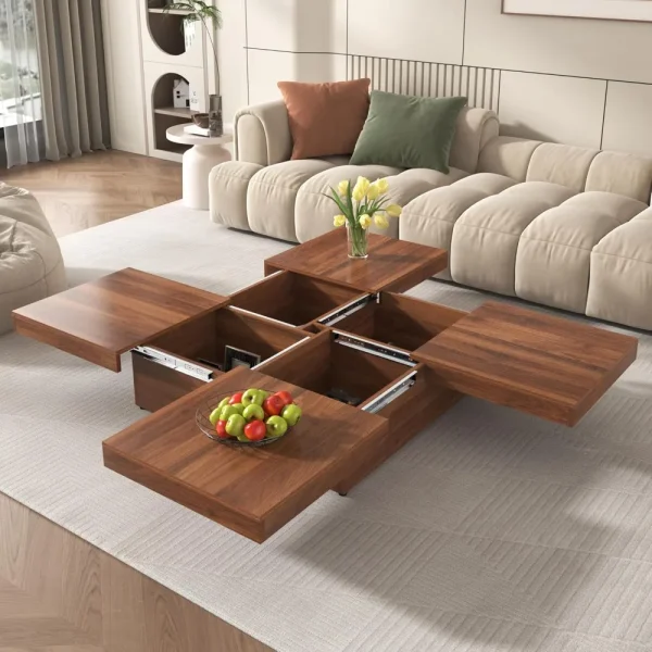 39.4'' Square Marble Veneer Coffee Table Storage Walnut Finish,
